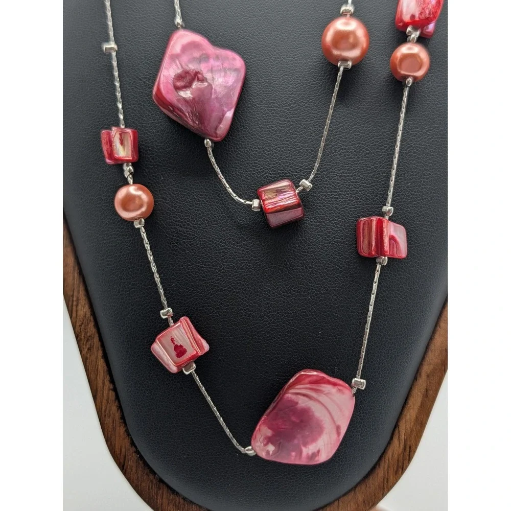 Unsigned Pink Mother of Pearl Shell Multi Strand Necklace and Earring Set Boho